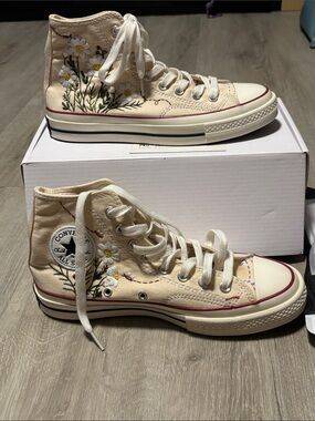 Converse High Top Sneakers - Cream with Floral Embroidery